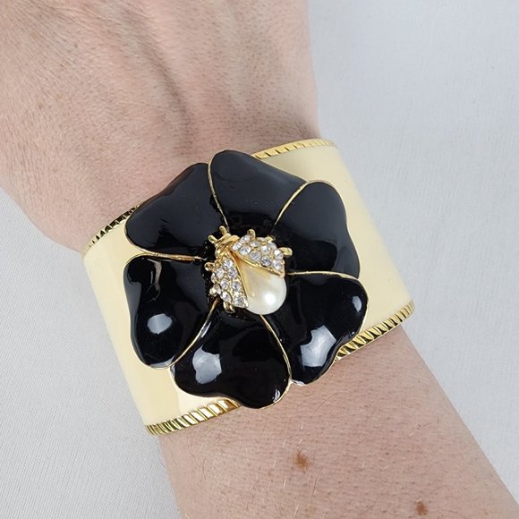 Stella & Dot Black Flower Rhinestone Pearl Ladybug Cuff Bracelet - Picture 1 of 7
